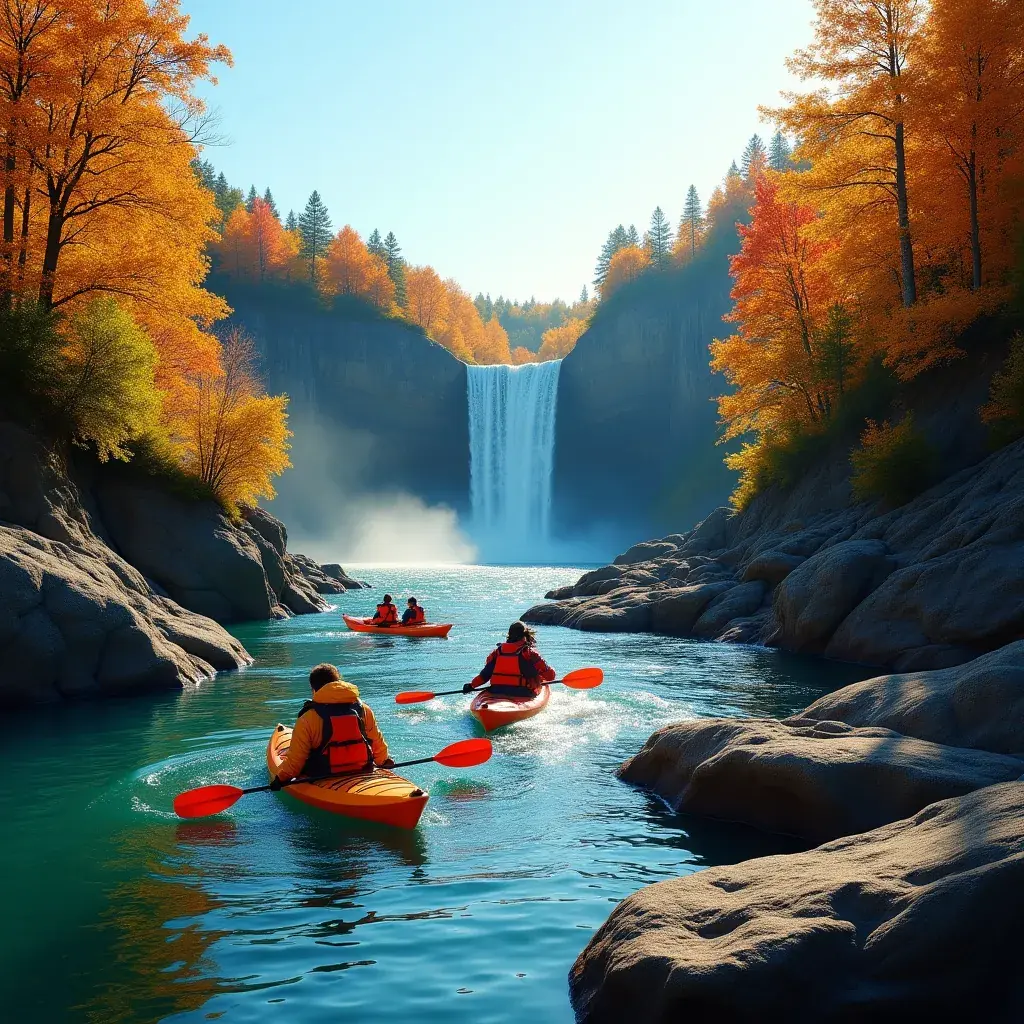 Осенний пейзаж с разноцветной листвой и отражением в озере.