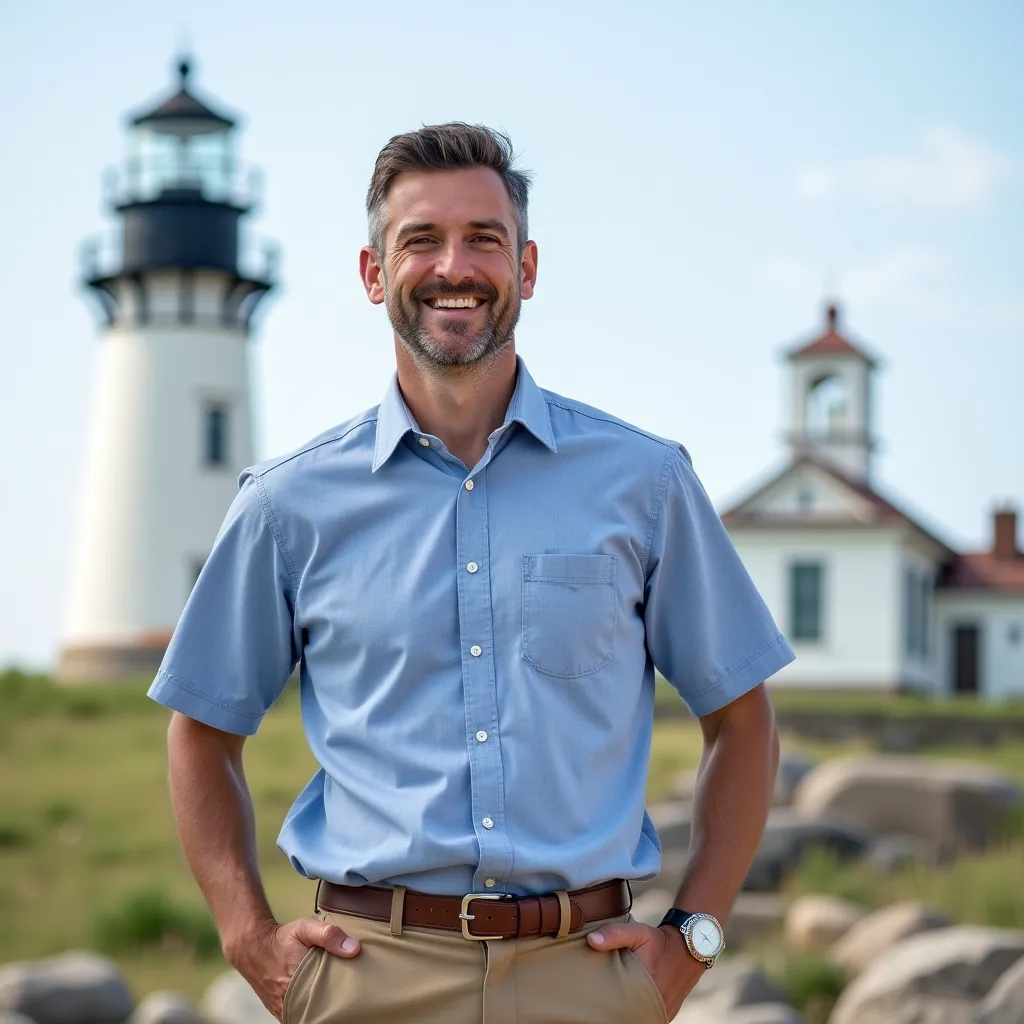 Исторический маяк на берегу озера, окруженный зелеными холмами.