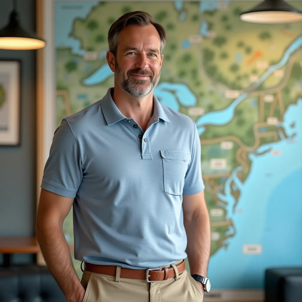 Детская площадка в парке у озера с игровыми сооружениями и деревьями.